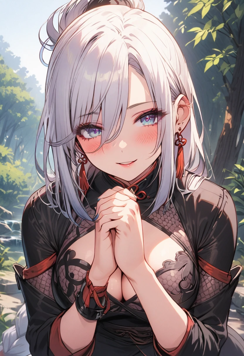 best quality, masterpiece, (praying:1.4), standing, pov, 1girl ninja, open clothes, cleavage, breasts, topknot, medium hair, looking at viewer, outdoors, forest, open mouth, purple boots, bush, seductive smile, pants, (blush:1.2),, shenhe, blue eyes, braided ponytail, earrings, eyelashes, eyeliner, eyes visible through hair, eyeshadow, hair between eyes, makeup, red eyeshadow, sidelocks, single earring, symbol-shaped pupils, tassel, tassel earrings, white hair, long hair,
