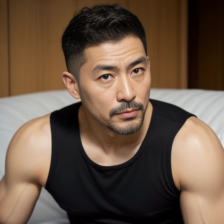 40 years old，Hidetoshi Nakata，（Kogoro Mori 1.3），whole body，Lean，muscle，office，black，foot，Suit，transparent袜子，foot抬起，sofa，Baldhead ，transparent，Thick body hair，underwear，Topless，Densely hairy，Fortitude，HD，With a mustache