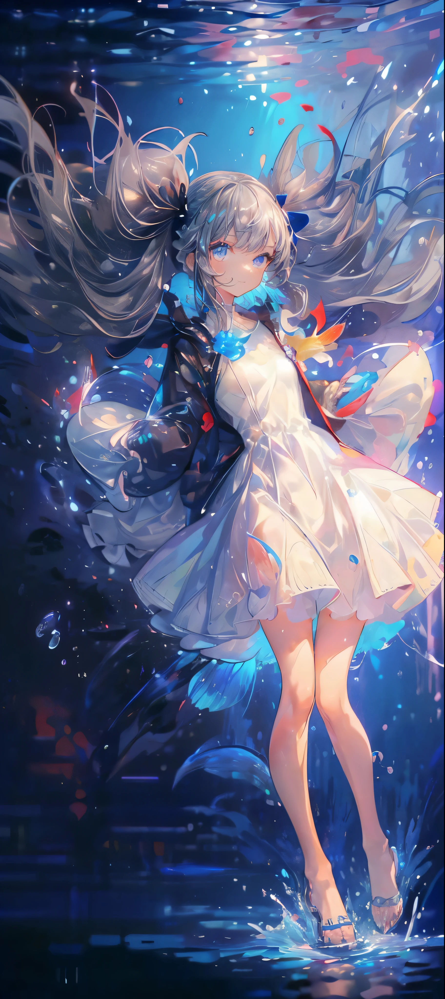 Anime girl in white dress floating in water with long hair - SeaArt AI