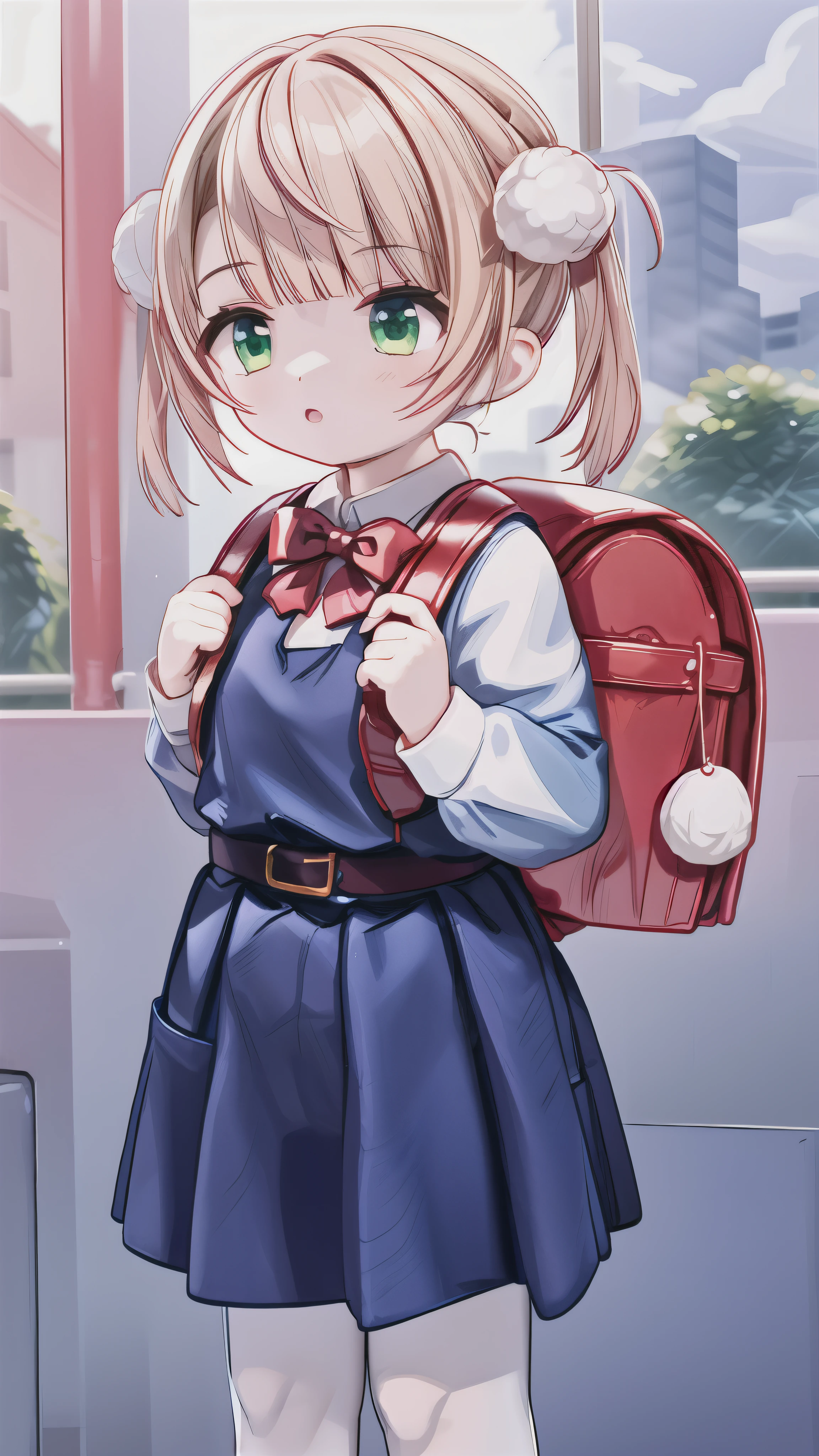 ,ui3, 1girl, solo, green eyes, pom pom \(clothes\), backpack, pinafore dress, white shirt, white socks, long sleeves, aged down, short hair, belt, red bowtie, bangs, school uniform, blue dress, collared shirt