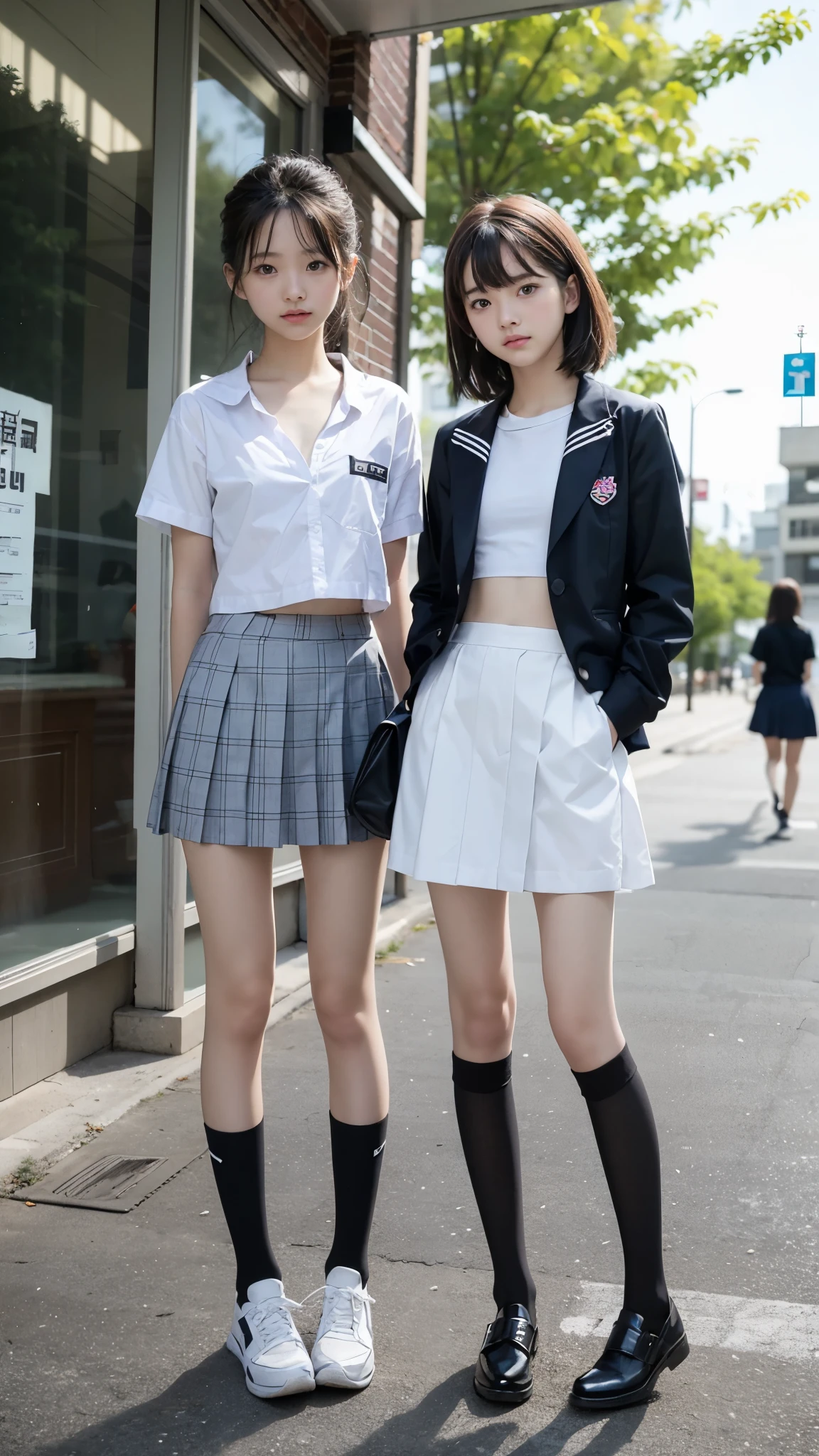 High detail, Textured skin, Very detailed, Ultra high definition, High-resolution model, Detailed face、bare navel、Twins, two girls, two high school girls、(((flat chest))), (flat chest:1.1)、 14years、a junior high school student、School Uniforms、Cute, young, (Full body:1.3)、Ultra-detail、​masterpiece、top-quality、超A high resolution、8K high image quality、Photogenic clarity、A detailed eye、Real live-action、Spring outdoor、Model Standing、Beautiful posture、High detail, Textured skin, Very detailed, Ultra high definition, High-resolution model, 