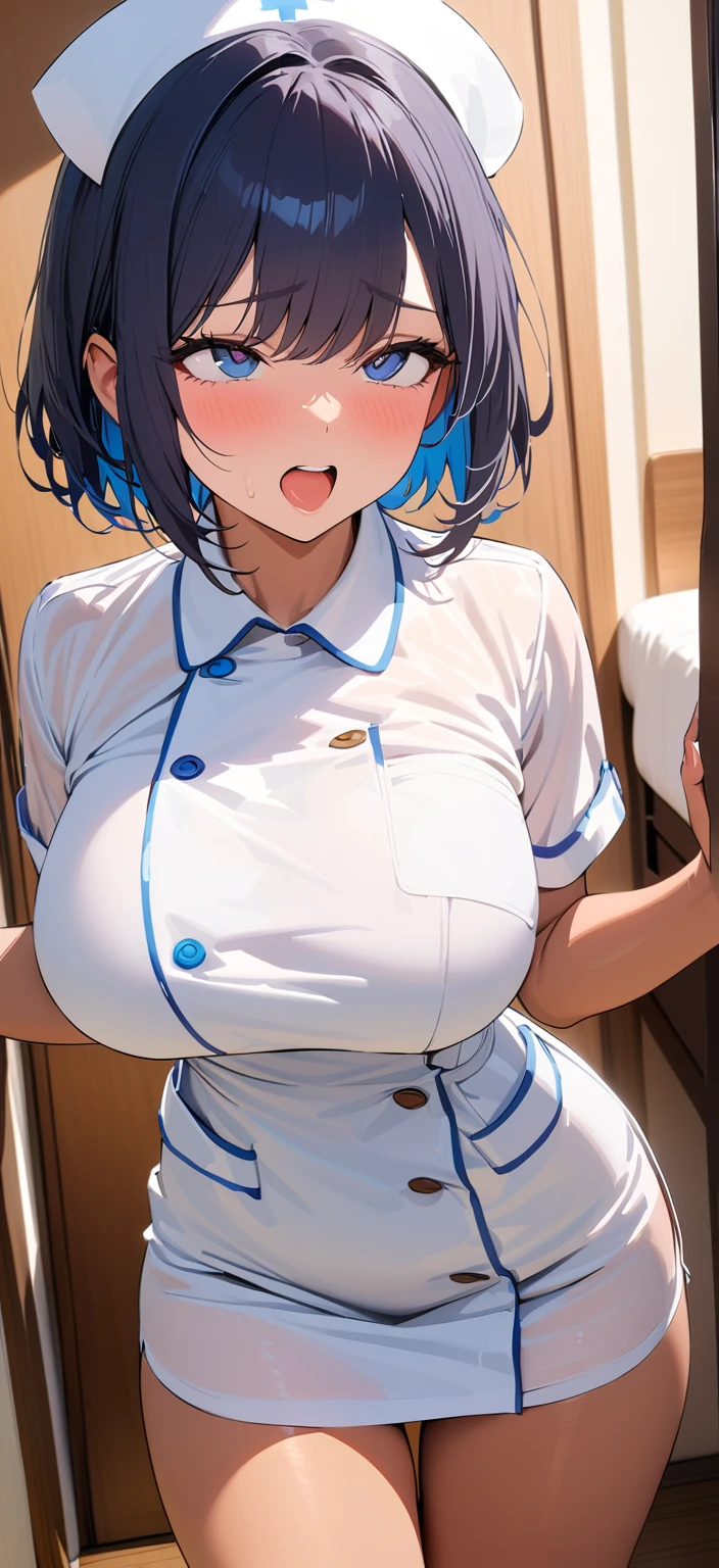 (Masterpiece:1.5), Super detailed, High resolution, 8k, Beautiful details, 超High resolution, 1 cute girl, Brown skinned girl, Dark blue hair, Blue-gray eyes, short hair, Hotel, Well-tanned skin, Ahegao, Excited, nurse, Big Breasts, 