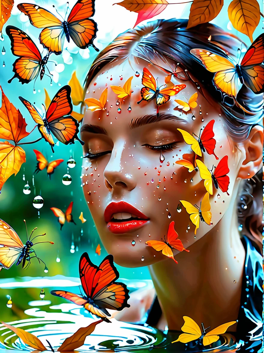 Woman autumn leaves butterflies glass autumn water drops 