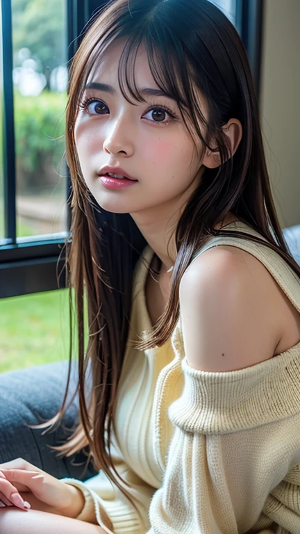 highest quality, face focus, soft light, (Depth of bounds written) ,ultra high resolution, (realistic:1.4), RAW photo, (moody lighting, night:1.2), Bedroom,
(bust up shot:1.4)
1 japanese girl, alone, cute, (shy, smile:1.1), (brown eyes),  detailed beautiful face, (noon_hair),
(recliner sofa:1.4)
(shirt:1.4,long skirt:1.4)