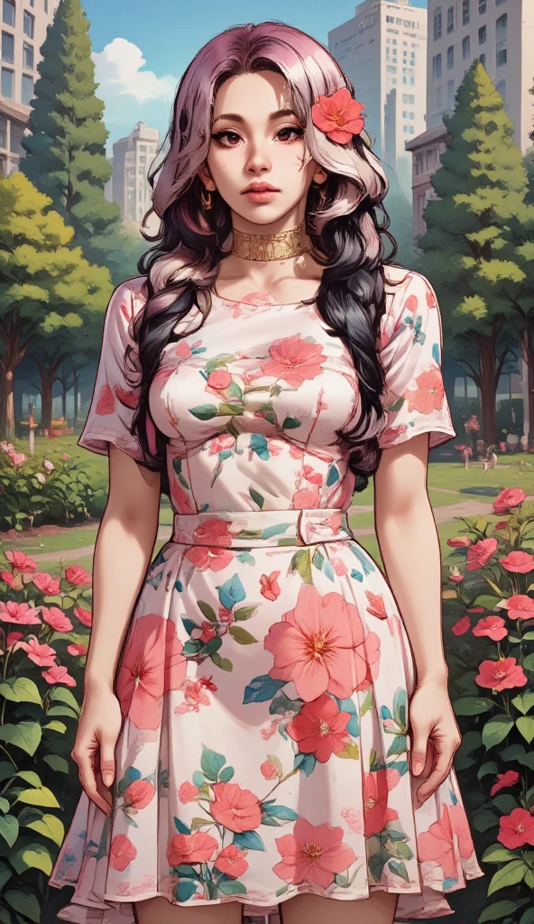 beautiful woman, cute printed summer dress, long wavy hair, sexy slim fit body proportions, gorgeous eyes, full lips, smile, beauty mark under lips, pose, contrapposto, city park, photorealistic anime illustration