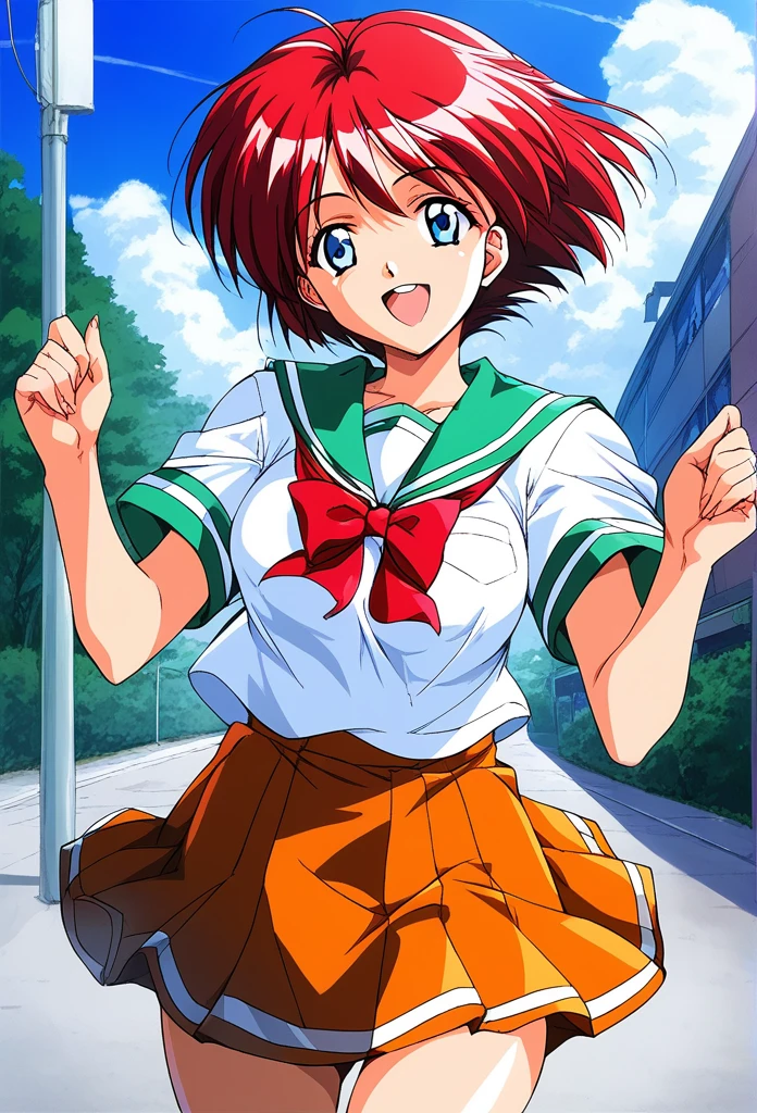 score_9, score_8_up, score_7_up, source_anime, rating_explicit, BREAK  Hinomoto_Hikari, red hair, short hair, blue eyes, breasts, bangs
 solo, 1990s (style),  skirt,  day, green school uniform, 
outdoors, orange skirt, smile, bow, open mouth, sky, 
smile,
looking at viewer, 
cowboy_Shot,