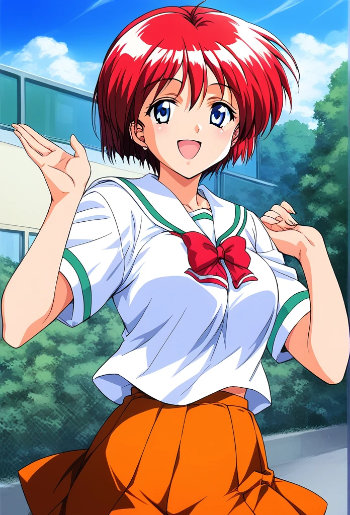 score_9, score_8_up, score_7_up, source_anime, rating_explicit, BREAK  Hinomoto_Hikari, red hair, short hair, blue eyes, breasts, bangs
 solo, 1990s (style),  skirt,  day, green school uniform, 
outdoors, orange skirt, smile, bow, open mouth, sky, 
smile,
looking at viewer, 
cowboy_Shot,