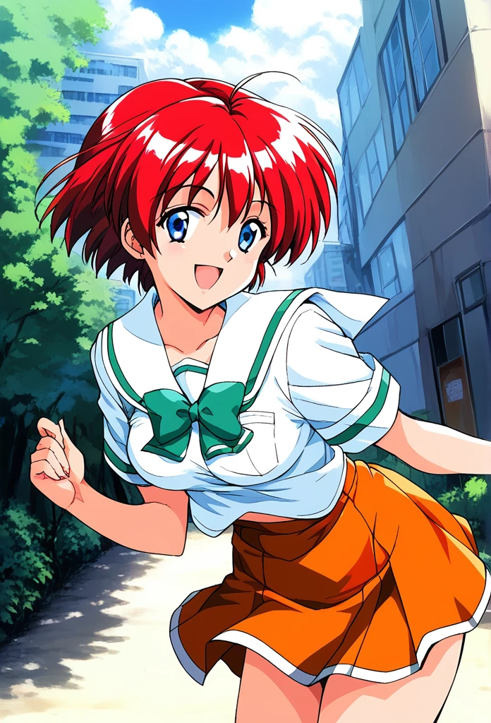 score_9, score_8_up, score_7_up, source_anime, rating_explicit, BREAK  Hinomoto_Hikari, red hair, short hair, blue eyes, breasts, bangs
 solo, 1990s (style),  skirt,  day, green school uniform, 
outdoors, orange skirt, smile, bow, open mouth, sky, 
smile,
looking at viewer, 
cowboy_Shot,