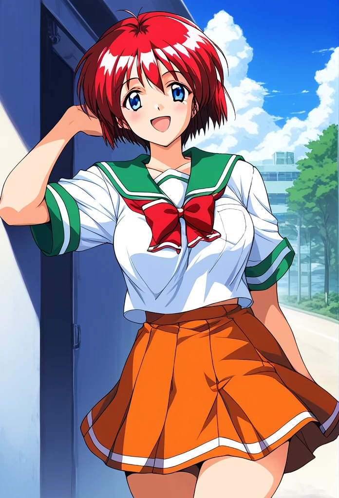 score_9, score_8_up, score_7_up, source_anime, rating_explicit, BREAK  Hinomoto_Hikari, red hair, short hair, blue eyes, breasts, bangs
 solo, 1990s (style),  skirt,  day, green school uniform, 
outdoors, orange skirt, smile, bow, open mouth, sky, 
smile,
looking at viewer, 
cowboy_Shot,