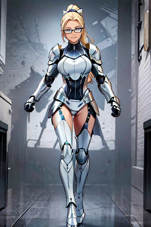 female, blonde long hair in ponytail, blue eyes, (((1girl))), (((white armor))), (black mechanical gauntlets), (black mechanical boots), (glasses), cute and sexy, full body, big breasts, long legs, smiling