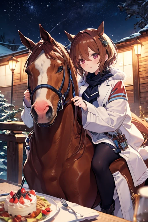 Riding a chestnut horse🐎　There is a chestnut horse next to me.🐎　Chestnut horse and friend🐴　馬と🍸️カクテルで乾杯🥂　White Christmas Night🎄　粉雪の降る街並み⛄️　ケーキ🎂とローストターキー🍗流星群から舞い散る粉雪⛄️