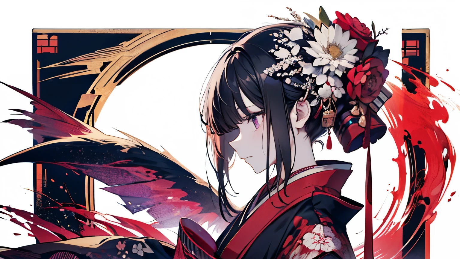 Anime girl with a flower in her hair and a red and black dress - SeaArt AI
