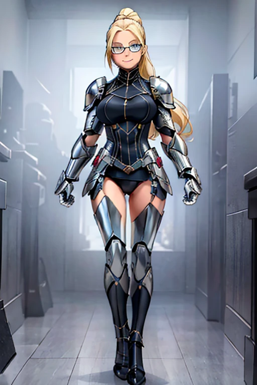 female, blonde long hair in ponytail, blue eyes, (((1girl))), (((white armor))), (black mechanical gauntlets), (black mechanical boots), (glasses), cute and sexy, full body, big breasts, long legs, smiling