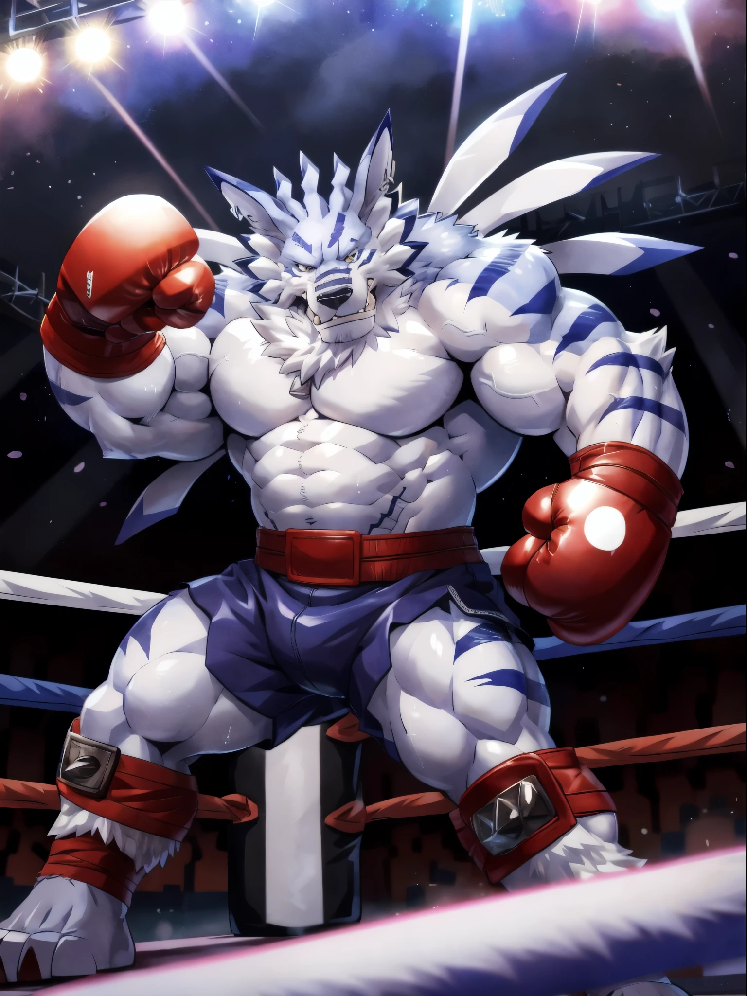 ultra quality:1.4, 4k, high resolution, best quality, color, smooth comics style, takemoto_arashi style, wfa style, solo, weregarurumon:1.0, muscles:1, heavyweight, massive build, vascular veins, anime martial arts, sweat:1.2, strong:1, masculine, (in a boxing ring), fighting scene, dynamic scene, (wearing boxing gloves, detailed boxing gloves:1.1), detailed, detailed face,