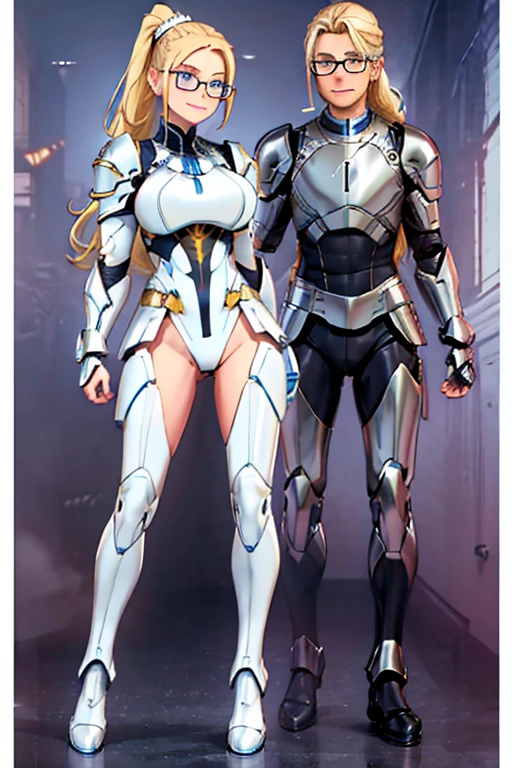 female, blonde long hair in ponytail, blue eyes, (((1girl))), (((white armor))), (black mechanical gauntlets), (white mechanical boots), (glasses), cute and sexy, full body, big breasts, long legs, smiling