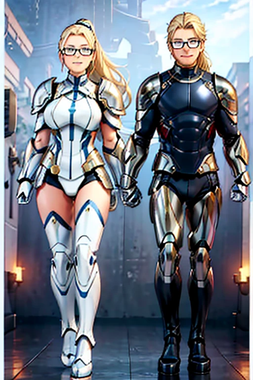 female, blonde long hair in ponytail, blue eyes, (((1girl))), (((white armor))), (black mechanical gauntlets), (white mechanical boots), (glasses), cute and sexy, full body, big breasts, long legs, smiling