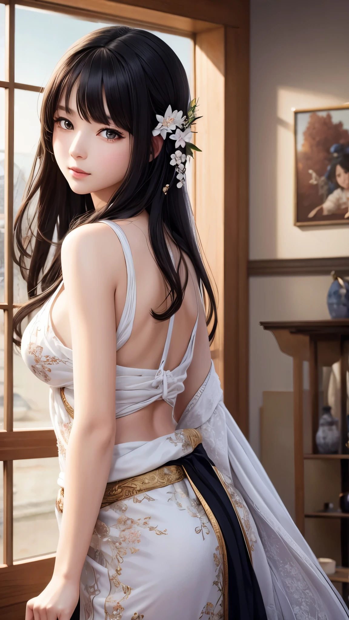 （Enrich the picture，Masterpiece level quality）Beautiful 8K CG artwork，Goddess-like posture，Kneeling exercise，Slim and soft，Translucent skin，Black hair、The beauty of extra-long hair, Super Long Straight Hair，The skin is fair and juicy，Underwear uniforms，Perspective Part 1.2x enhanced silhouette effect，Exquisite transparent blues pattern in pajamas，The details are intricate and exquisite，The background is slightly blurred，Charming and lustful leg seduction，Drool，Extra-large big breasts，Blush，Japan goddess，Perfect body slim curves，Chiffon dress，