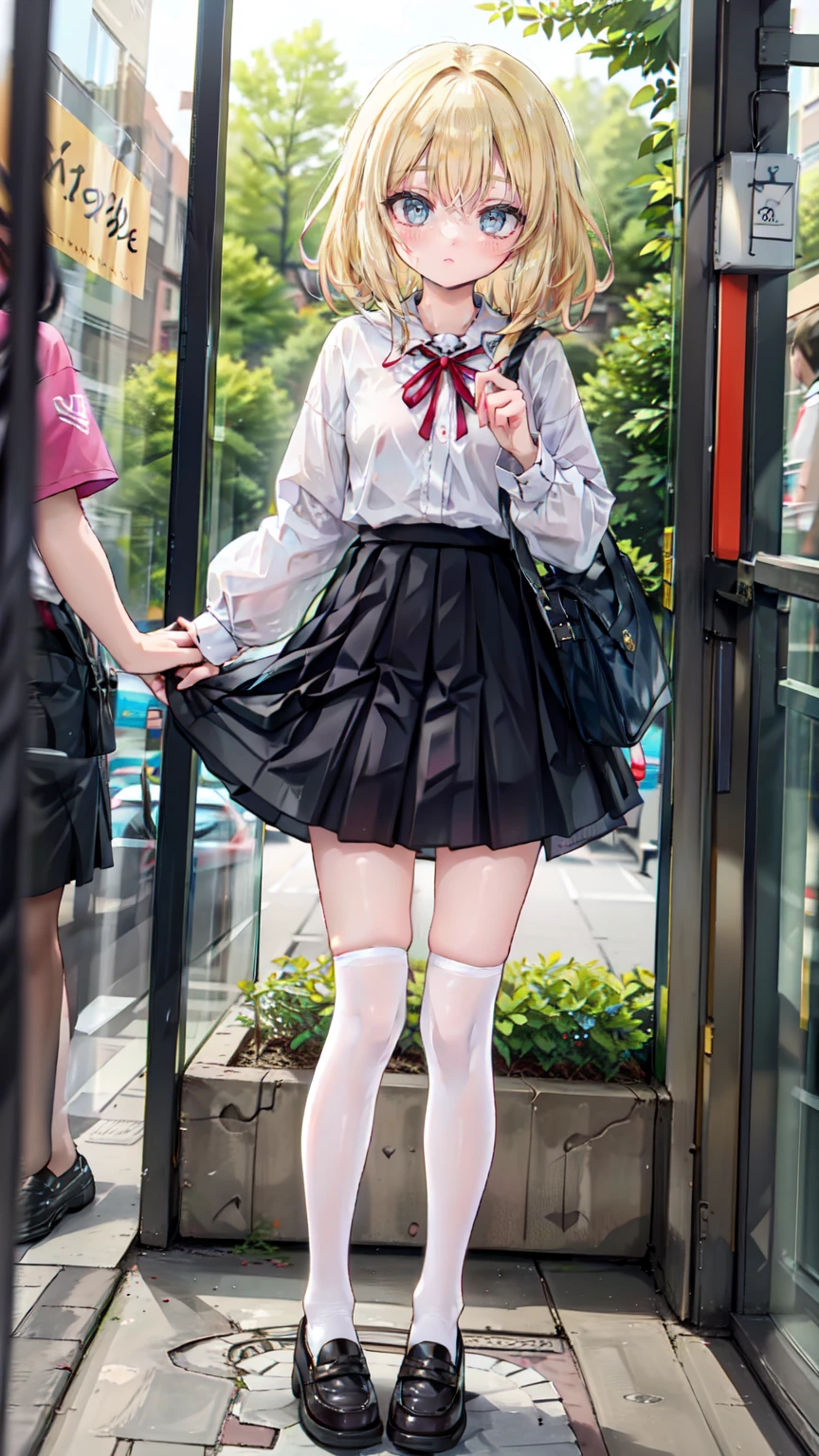 Lift the hem of the skirt、Woman showing underwear in embarrassment、校服、blushed face、White underwear、Panchira,Department of Landmines