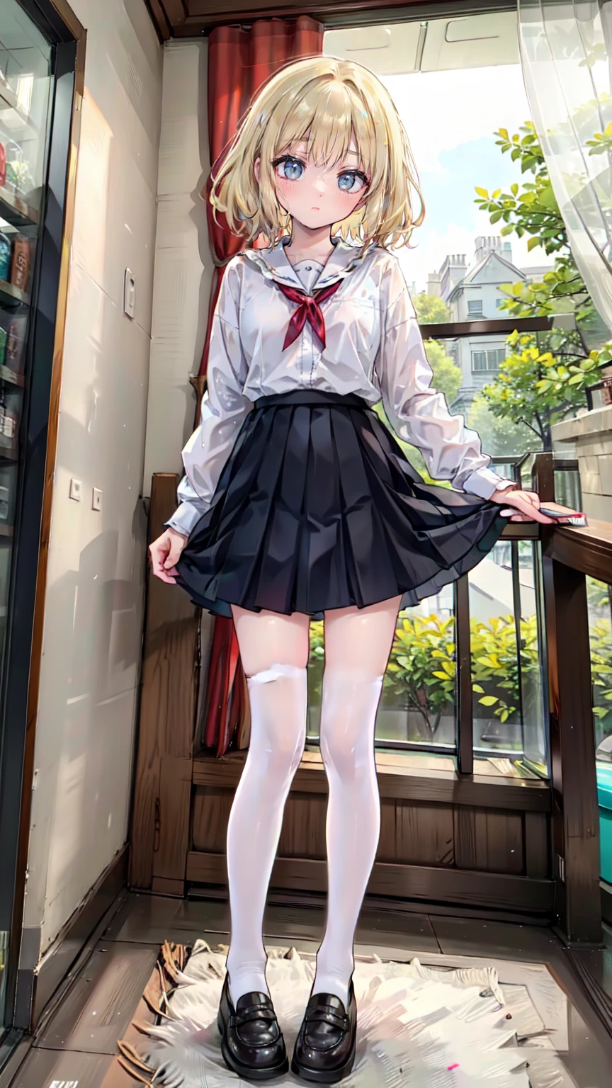 20 years old,1 mature woman,hyperrealistic, 8k, (extremely detailed 8k), (very delicate and beautiful), (masterpiece), (better quality:1.0), (ultra high resolution:1.0), (masterpiece, best quality),cute,black hair,ponytail,full body,white background,realistic skin,collared shirt, pleated skirt,model posing