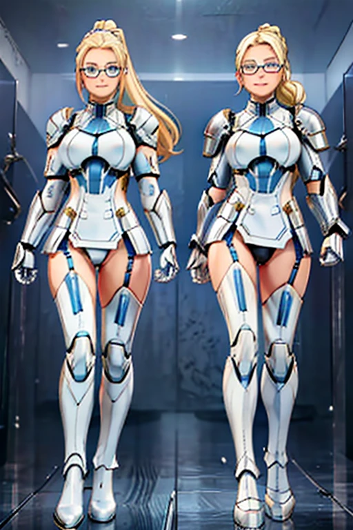 female, blonde long hair in ponytail, blue eyes, (((1girl))), (((white armor))), (black mechanical gauntlets), (white mechanical boots), (glasses), cute and sexy, full body, big breasts, long legs, smiling