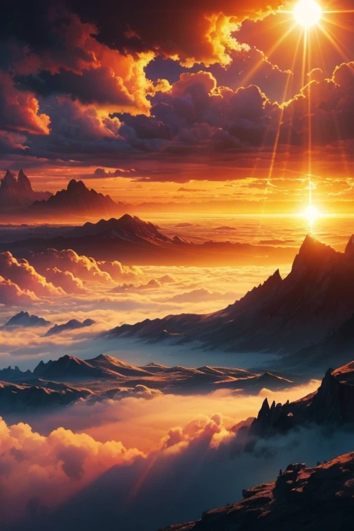 Stunning sunset on a new planet with lots of vibrant colors and warm lighting. The sun's rays break through the clouds, creating dynamic shadows on the scenery. Highlights include the soft silhouette of a throne of hidden glory