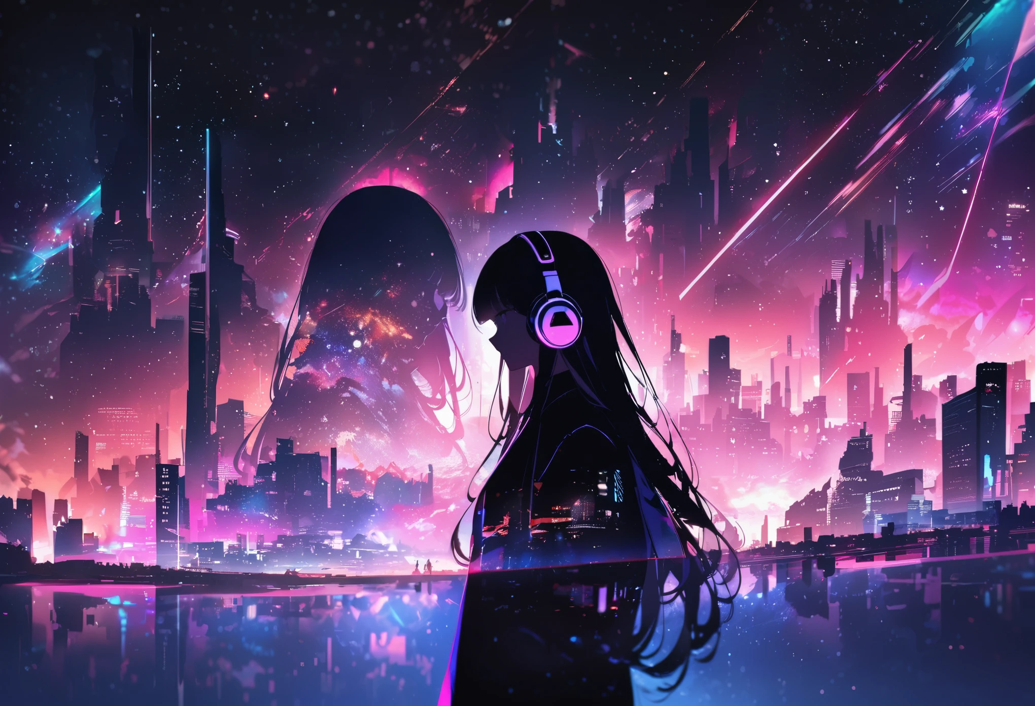 A woman with headphones standing in front of a city skyline - SeaArt AI