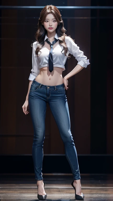 Acurate, 1 Jiheon、Brown hair、black eyes、Semi-long、setting hair、Slender but well-proportioned muscular body、a smile、wearing a tie-front shirt、Abs are cracked、The navel is visible、Wearing high heels、wearing very tight blue skinny jeans.、Breasts are big、Full Body from Head to Toe、Standing in a full height from head to the tip of the toe.

The picture must capture from head to toe