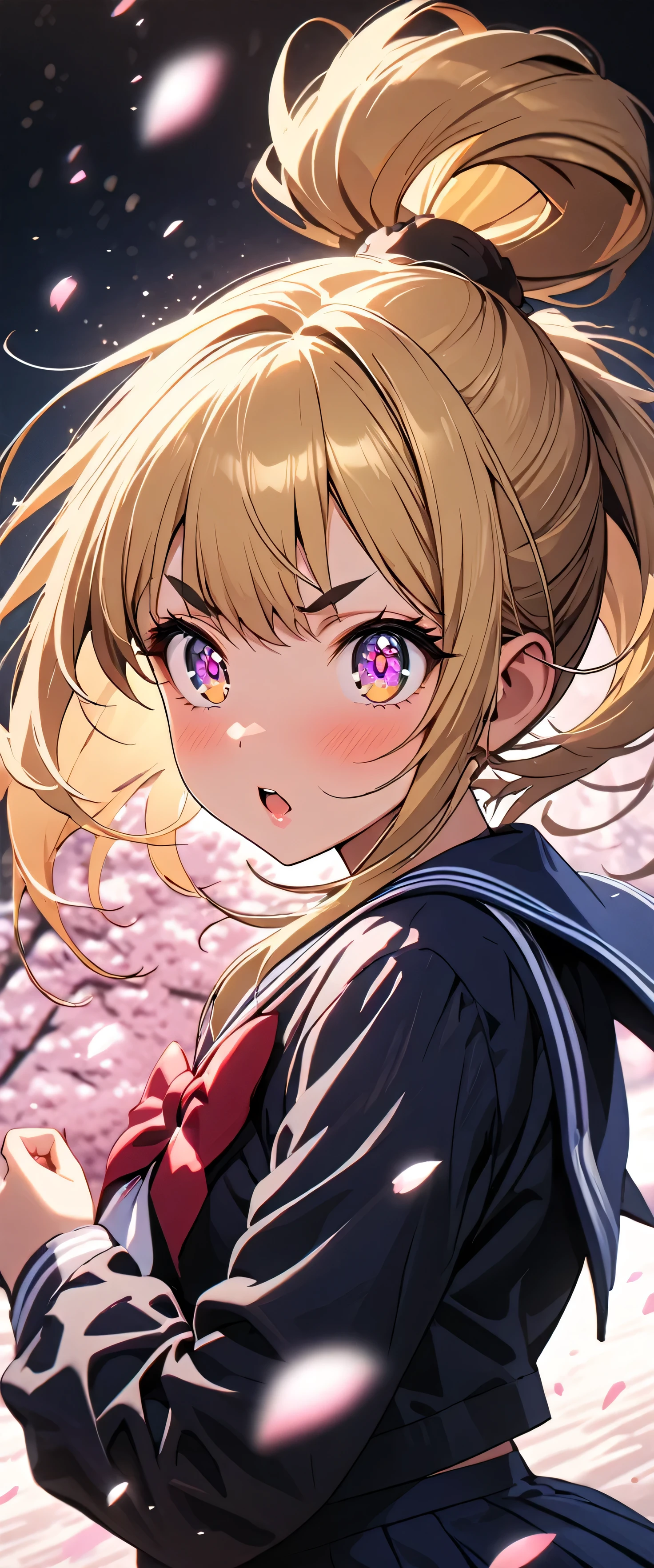 (beautiful girl: 1.3),1girl,masterpiece, Highest quality, Ultra-high resolution,rich contrast,super high quality,8k,Highly detailed CG unit wallpaper,texture,Incredibly absurd,Ultra-high resolution,RAW Photos,Highest quality anime,Depth of Field 1.2,(Blonde Hair,Top knot),Ultra-detailed eyes,Glowing Skin,Glitter effect,Beautiful glossy lips,thick bluish eyeshadow, thin eyebrows, thick black eyeliner, Highlighted eyes with eyeliner, false eyelashes,((cherry blossom)),(Cherry Blossom Snowstorm),Long sleeve,Sailor suit,surprised,Thin eyebrows