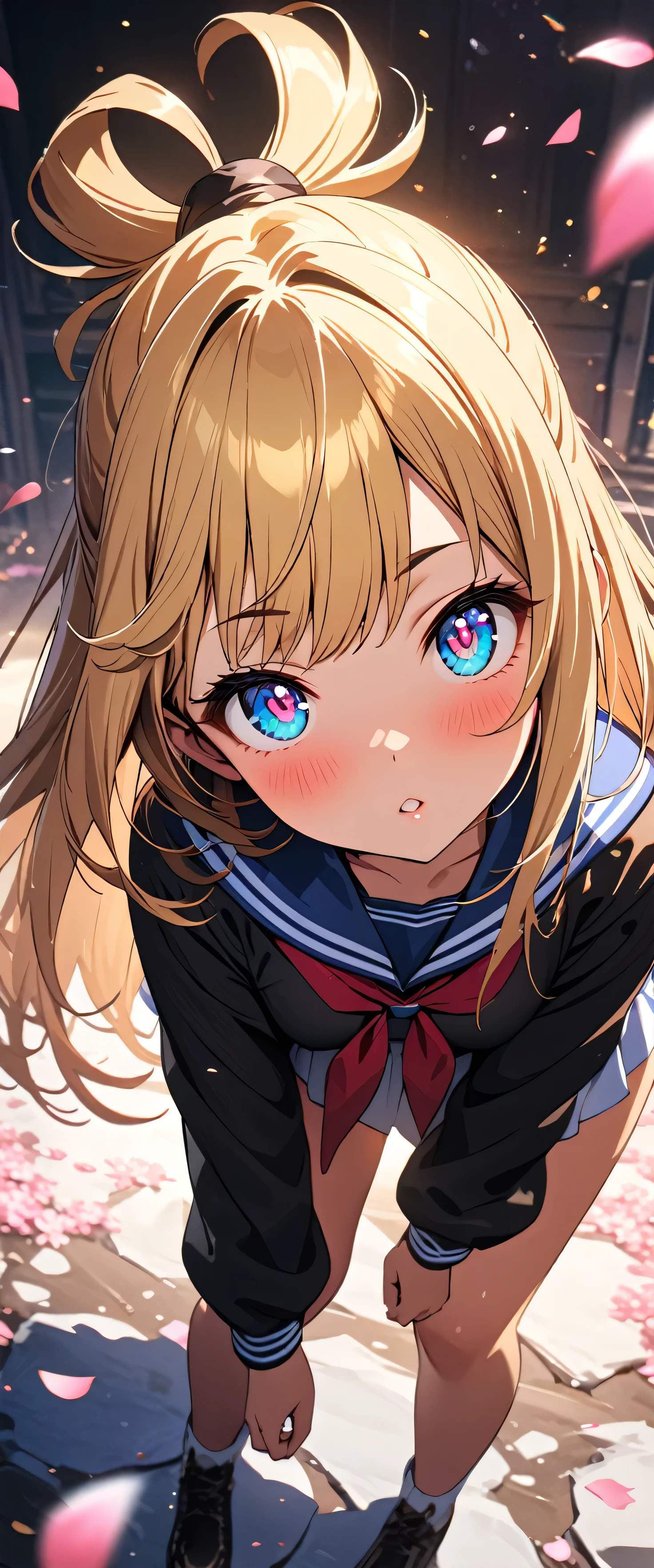 (beautiful girl: 1.3),1girl,masterpiece, Highest quality, Ultra-high resolution,rich contrast,super high quality,8k,Highly detailed CG unit wallpaper,texture,Incredibly absurd,Ultra-high resolution,RAW Photos,Highest quality anime,Depth of Field 1.2,(Blonde Hair,Top knot),Ultra-detailed eyes,Glowing Skin,Glitter effect,Beautiful glossy lips,thick bluish eyeshadow, thin eyebrows, thick black eyeliner, Highlighted eyes with eyeliner, false eyelashes,(tanned skin:1.2),((cherry blossom)),(Cherry Blossom Snowstorm),Long sleeve,Sailor suit, ,Embarrassing,blush,Leaning forward,Looking up,Tilt your head