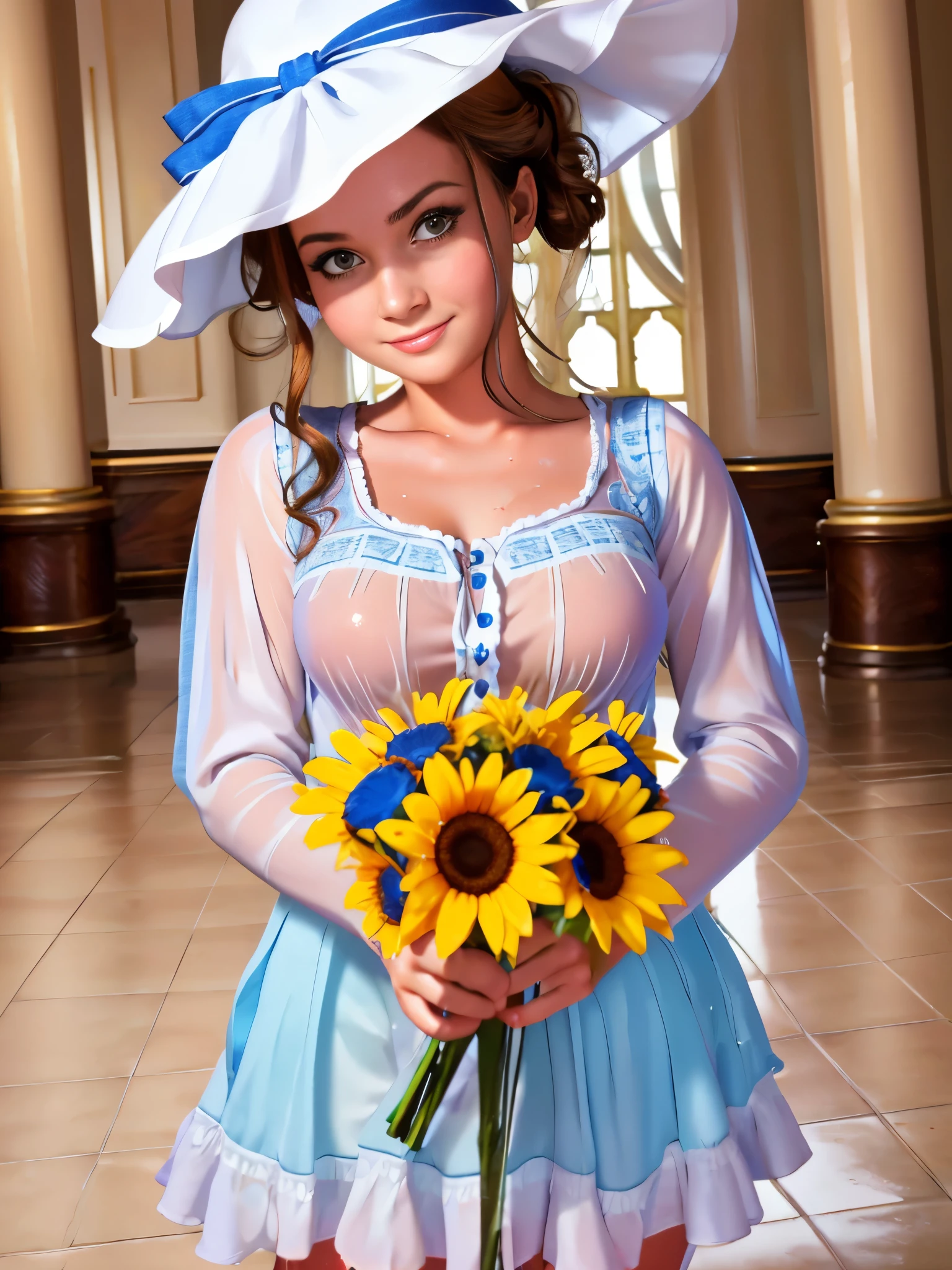 Medium view, medium shot, depth of field, bust, upper body, cinematic angle, masterpiece, best quality, super detailed, CG, 8K wallpaper, beautiful face, delicate eyes, a maiden, solo, smile, bangs, skirt, shirt, hat, dress, bow, petals, bouquet,  damp, wet clothes, wet skin, see through