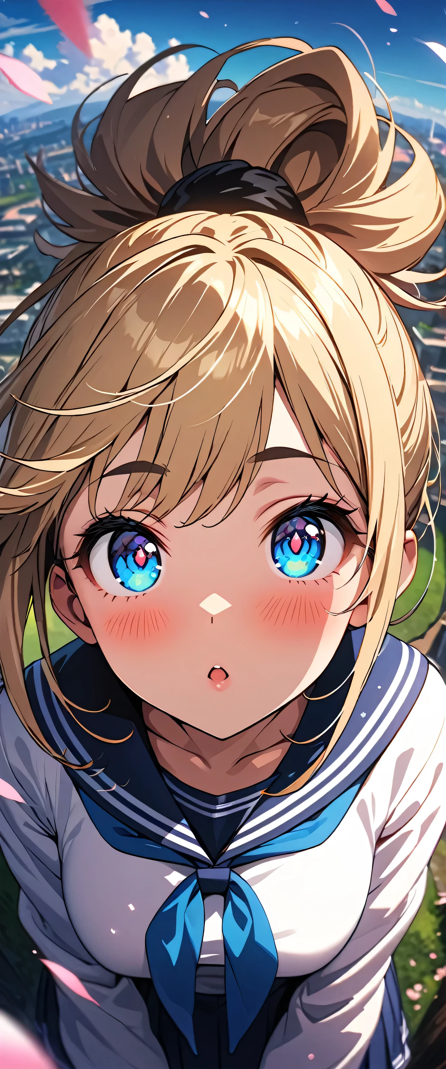 (beautiful girl: 1.3),1girl,masterpiece, Highest quality, Ultra-high resolution,rich contrast,super high quality,8k,Highly detailed CG unit wallpaper,texture,Incredibly absurd,Ultra-high resolution,RAW Photos,Highest quality anime,Depth of Field 1.2,(Blonde Hair,Top knot),Ultra-detailed eyes,Glowing Skin,Glitter effect,Beautiful glossy lips,thick bluish eyeshadow, thin eyebrows, thick black eyeliner, Highlighted eyes with eyeliner, false eyelashes,(tanned skin:1.2),((cherry blossom)),(Cherry Blossom Snowstorm),Long sleeve,Sailor suit, ,Embarrassing,blush,Leaning forward,Looking up,Tilt your head,overlooking,(magnificent panorama view:1.3),