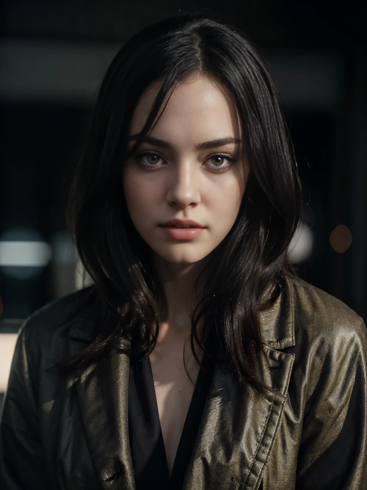 Beautiful girl with realistic black eyes, pale skin, medium length black hair, perfect face, perfect eyes, wearing a coat, very detailed, comprehensive movie, digital painting, 8K, cinematic lighting, highest quality, High resolution, Great job!, Post-processing, perfect result, surreal，(((revealing clothes)))，erect nipples