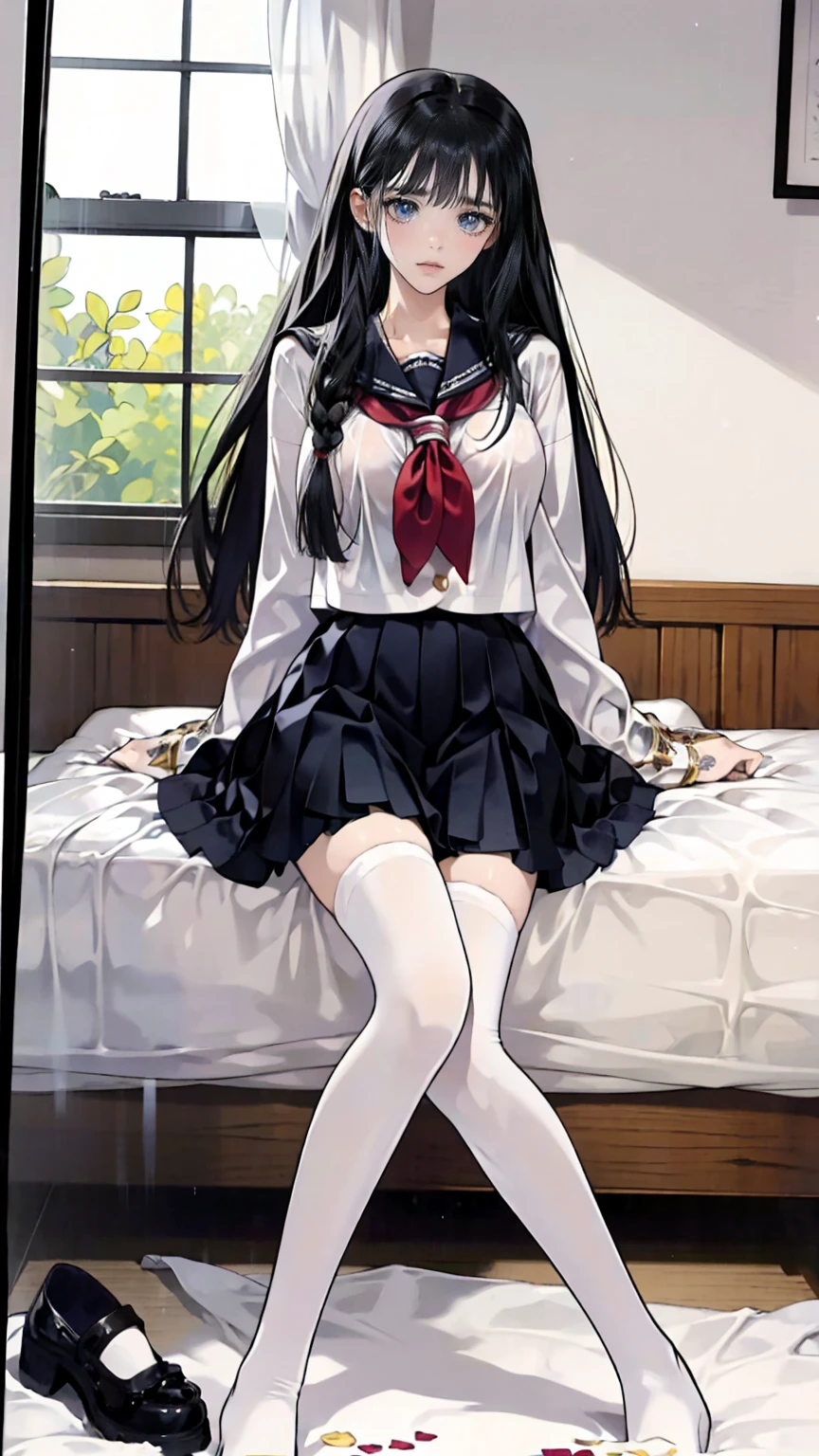 cute little、 lightsmile,Beautie, Anime style, ghibli-like colors, Blazer Uniform、17 age、I'm inviting、on the bed、A dark-haired、White underwear、Take off your underwear halfway、You are showing me your pubic area、Straight hair、Glamour、is open、Colossal tits、de pele branca、Black socks、Eagerness to show、I'm excited、wide-open legs、Very embarrassing、red blush。 Best Quality , Textured skin、 Super Detail, high details, High quality、、masturbation、Crotch facing me,Semi-long hair、I'm、Open mouth