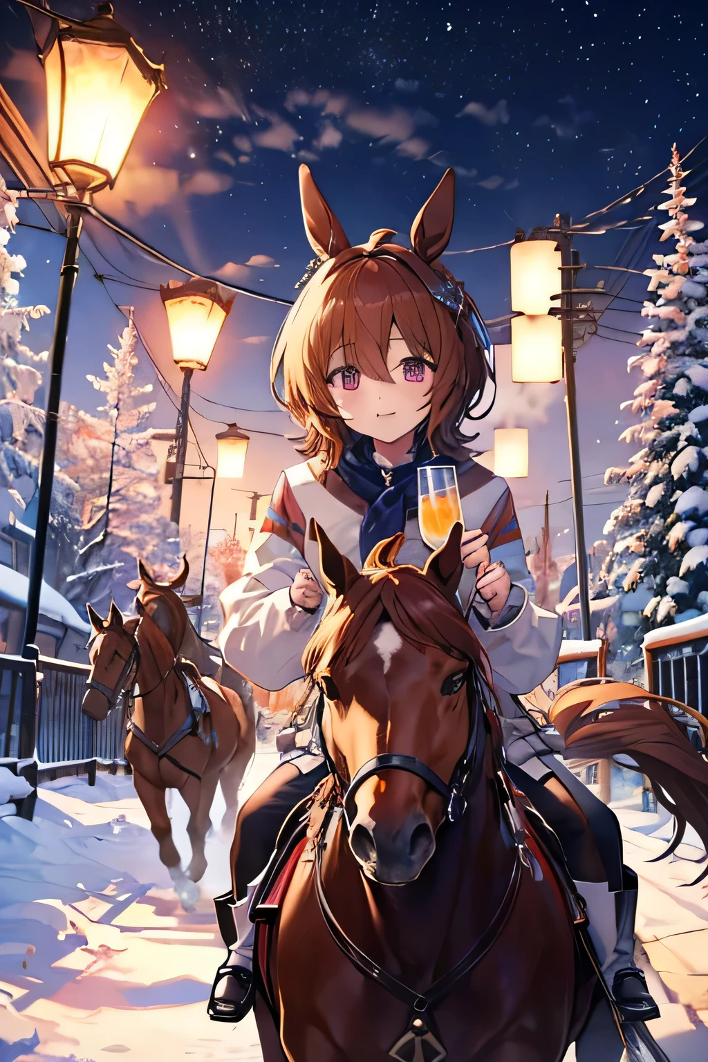 Riding a chestnut horse🐎 There is a chestnut horse next to me.🐎 Chestnut horse and friend🐴 馬と🍸️カクテルで乾杯🥂 White Christmas Night🎄 粉雪の降る街並み⛄️ ケーキ🎂とローストターキー🍗流星群から舞い散る粉雪⛄️