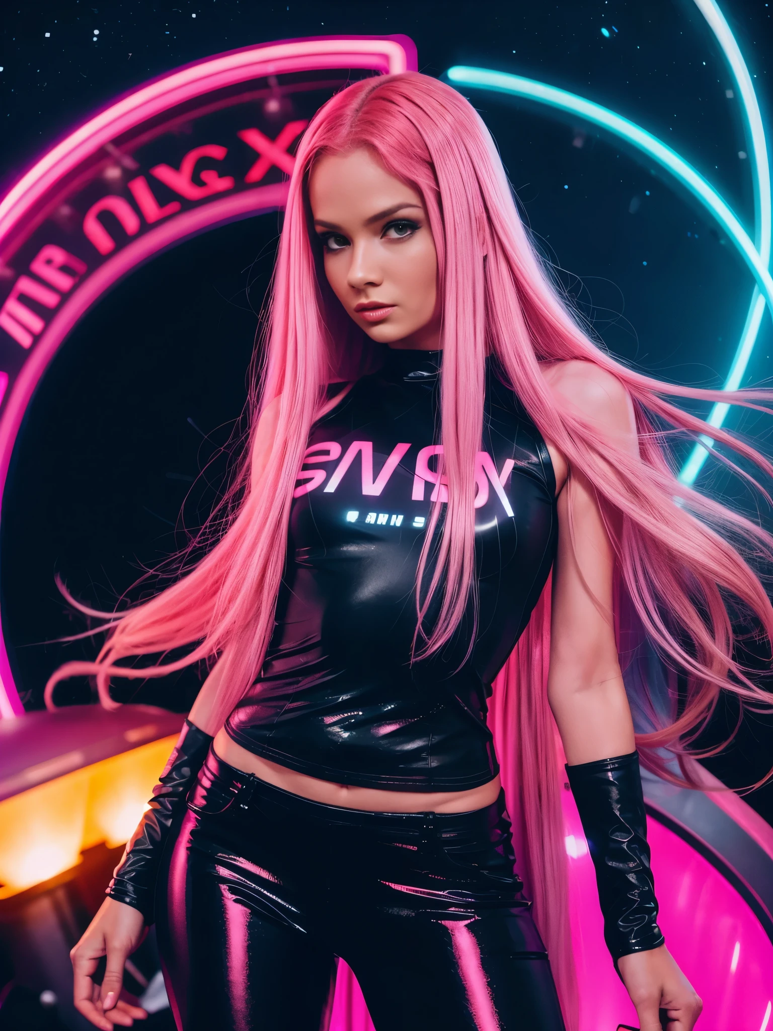 Long pink hair woman, night, neon, flying saucer, abduction, galaxy background, neon lights, black clothes with led, 4k  