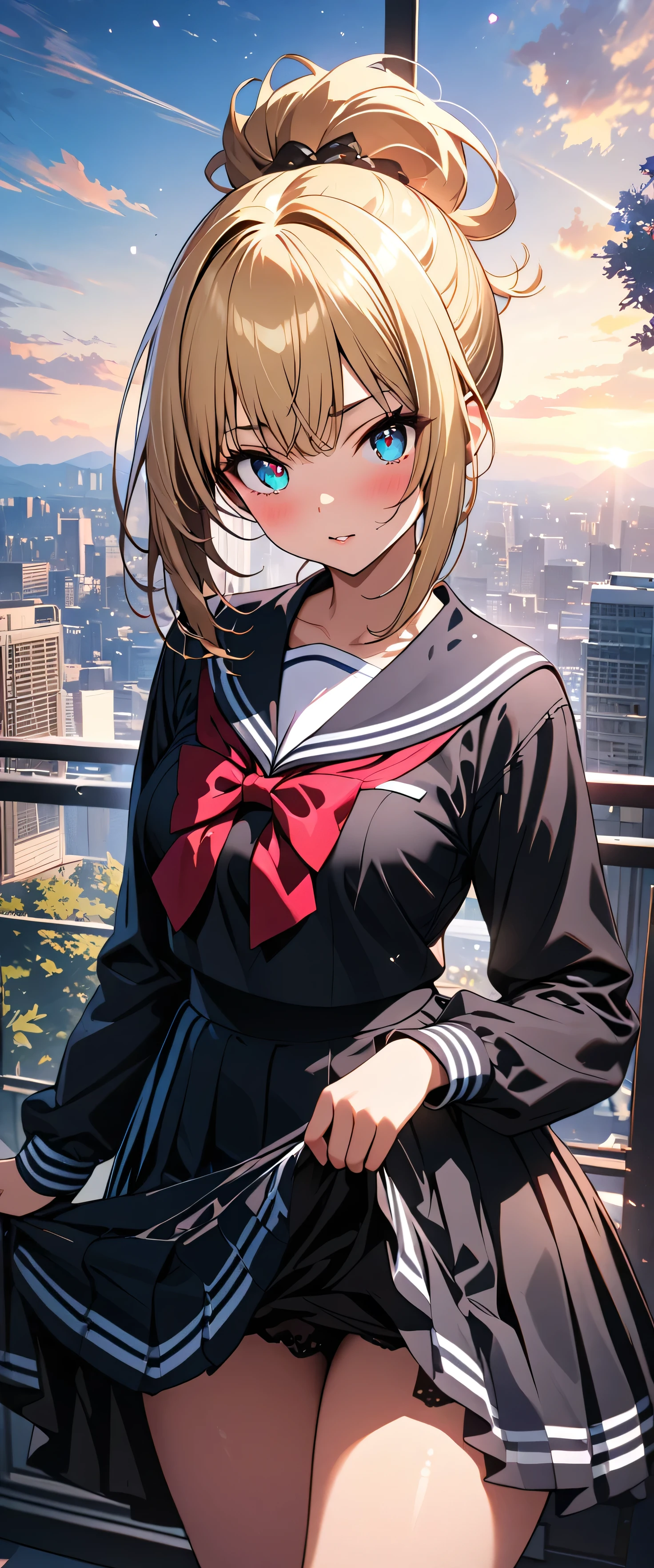 (beautiful girl: 1.3),1girl,masterpiece, Highest quality, Ultra-high resolution,rich contrast,super high quality,8k,Highly detailed CG unit wallpaper,texture,Incredibly absurd,Ultra-high resolution,RAW Photos,Highest quality anime,Depth of Field 1.2,(Blonde Hair,Top knot),Ultra-detailed eyes,Glowing Skin,Glitter effect,Beautiful glossy lips,thick bluish eyeshadow, thin eyebrows, thick black eyeliner, Highlighted eyes with eyeliner, false eyelashes,(tanned skin:1.2),((cherry blossom)),(Cherry Blossom Snowstorm),Long sleeve,Sailor suit, ,Embarrassing,blush,(((skirt lift))),overlooking,(magnificent panorama view:1.3),