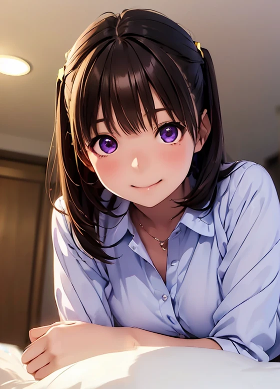 High resolution,In 8K,Best Quality,detailed,Semi-realistic anime,Anime 3D Style,Smooth anime CG,One Girl,One Japanese woman,slim,Modeled,Shiny brown hair,((Medium length hair up to shoulders)),detailedな顔,Beautiful and detailed,Glowing Skin,In the woody room,((Female college student)),(((Big Newspaper Print Collared Shirt))),((Profile of a person lying on a bed)),(((Lying on my back, looking up at the ceiling))),straggling hair,Angelic hairstyle,(Small breasts),((Deep violet sparkling eyes)),((Looking into the camera)),(((Shut your mouth.))),((A happy face that noticed something))