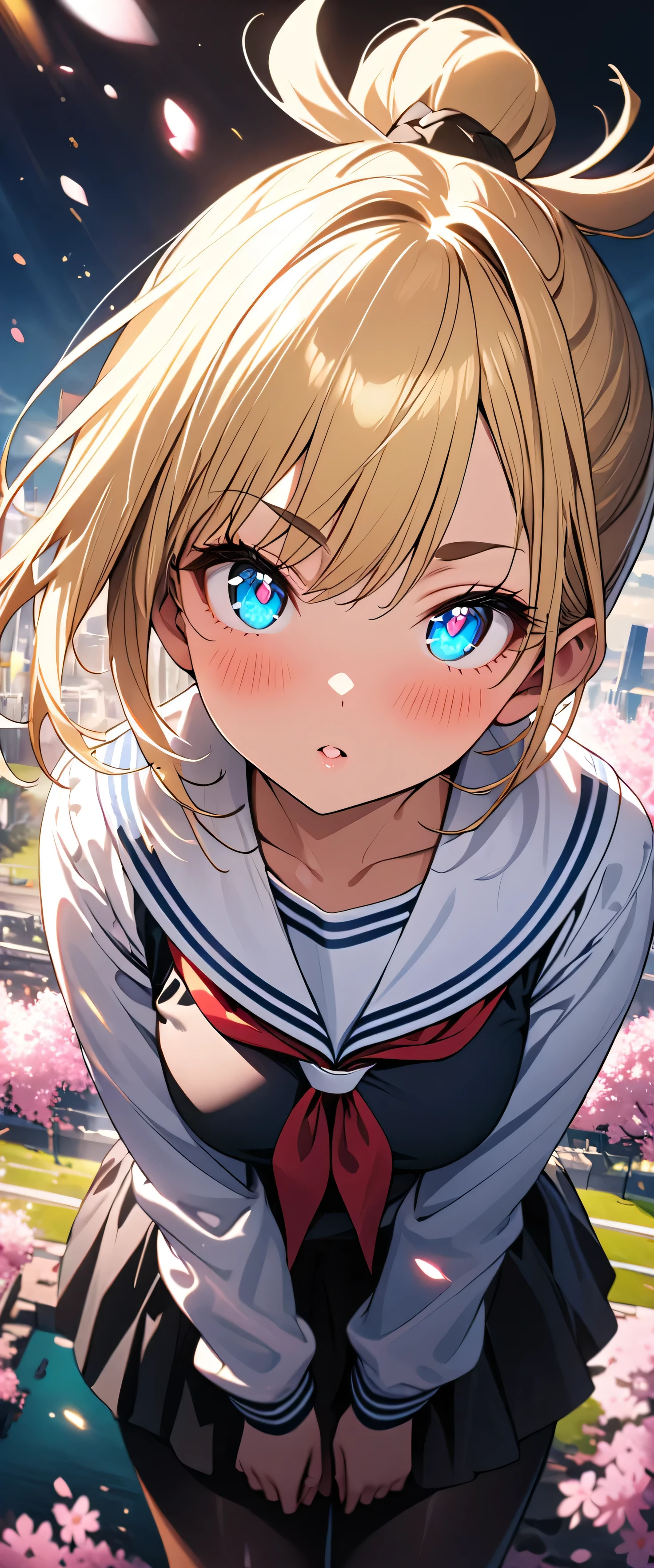 (beautiful girl: 1.3),1girl,masterpiece, Highest quality, Ultra-high resolution,rich contrast,super high quality,8k,Highly detailed CG unit wallpaper,texture,Incredibly absurd,Ultra-high resolution,RAW Photos,Highest quality anime,Depth of Field 1.2,(Blonde Hair,Top knot),Ultra-detailed eyes,Glowing Skin,Glitter effect,Beautiful glossy lips,thick bluish eyeshadow, thin eyebrows, thick black eyeliner, Highlighted eyes with eyeliner, false eyelashes,(tanned skin:1.2),((cherry blossom)),(Cherry Blossom Snowstorm),Long sleeve,Sailor suit, ,Embarrassing,blush,Leaning forward,Looking up,Tilt your head,overlooking,(magnificent panorama view:1.3),