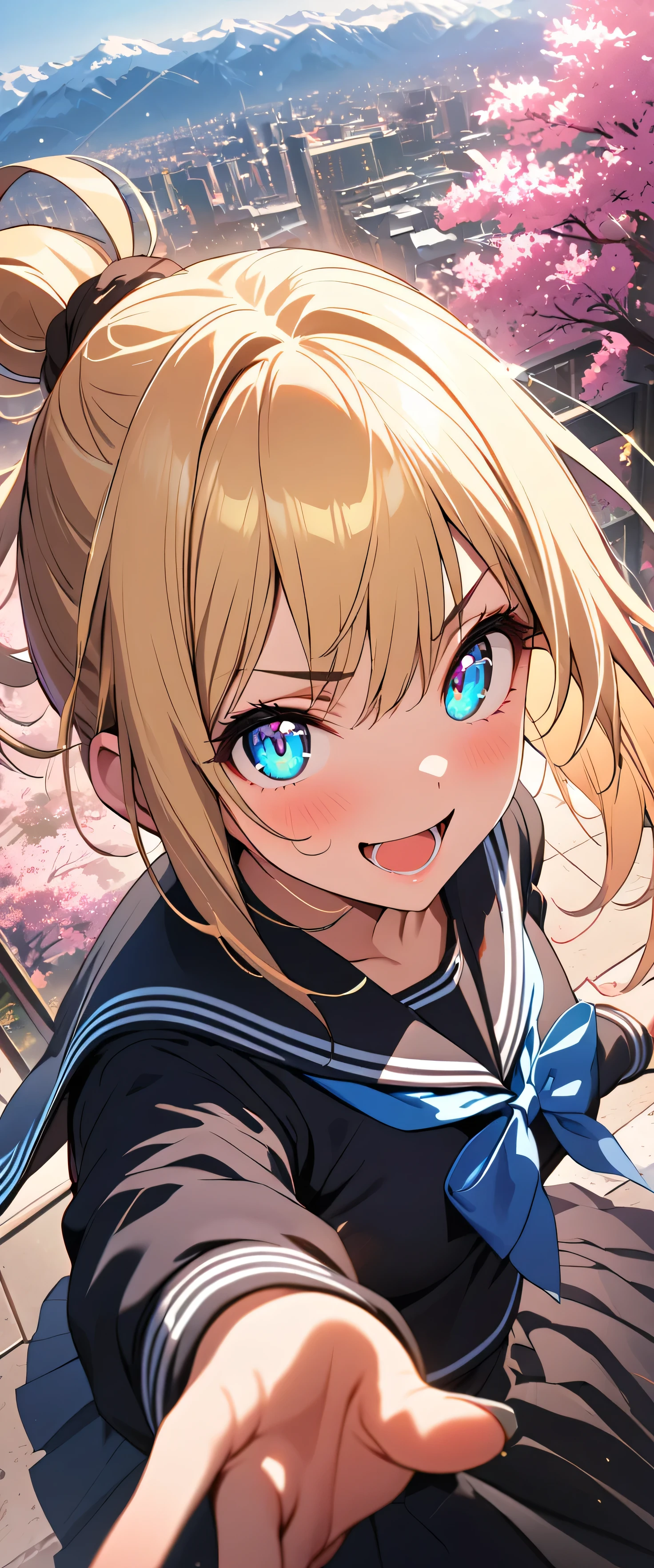 (beautiful girl: 1.3),1girl,masterpiece, Highest quality, Ultra-high resolution,rich contrast,super high quality,8k,Highly detailed CG unit wallpaper,texture,Incredibly absurd,Ultra-high resolution,RAW Photos,Highest quality anime,Depth of Field 1.2,(Blonde Hair,Top knot),Ultra-detailed eyes,Glowing Skin,Glitter effect,Beautiful glossy lips,thick bluish eyeshadow, thin eyebrows, thick black eyeliner, Highlighted eyes with eyeliner, false eyelashes,(tanned skin:1.2),((cherry blossom)),(Cherry Blossom Snowstorm),Long sleeve,Sailor suit, ,Crazy smile,Open your mouth wide,overlooking,(magnificent panorama view:1.3),(((skirt lift)))