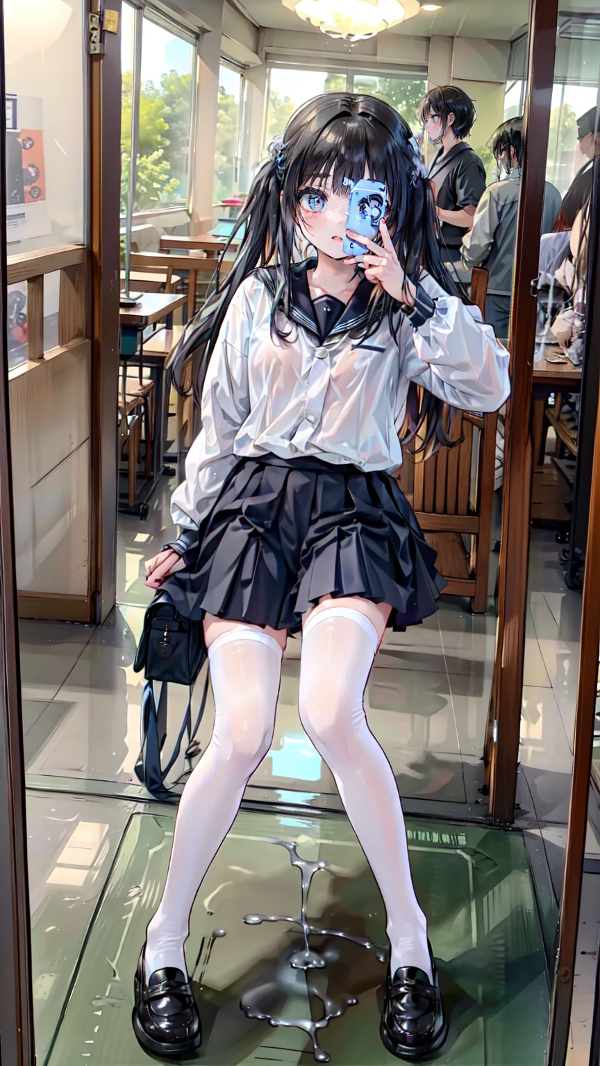 (Adult Video),,Japanese Children,Glasses (Wear a uniform),(Wear knee-high socks),,(Smooth black skin),，Sweating all over the body，Take a selfie in front of the mirror，Small breasts，Urine，Spread your legs,超High resolution, Look at the masterpiece Luxurious details, High image quality, 最High image quality, High resolution