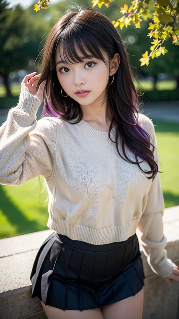 masterpiece, Ultra-high resolution, 4K, Best Quality, 1 person, whole body, Beautiful and exquisite face, Beautiful, smooth skin, Skin Texture, Baby Face, high school student, 1, Droopy eyes, Dynamic pose, Purple mesh hair color, sweater,  skirt, Curly Hair, Yellow Ginkgo, Spectacular views, Ginkgo Tree Line, Semi-long hair