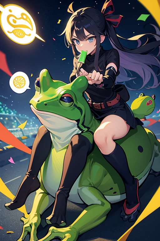 asui tsuyu,1girl,solo,Females in heat,blush,gigantic huge breasts,out one's tongue,long tongue like a frog,mini size condom box one in right hand,looking at viewer,standing up,night,in room