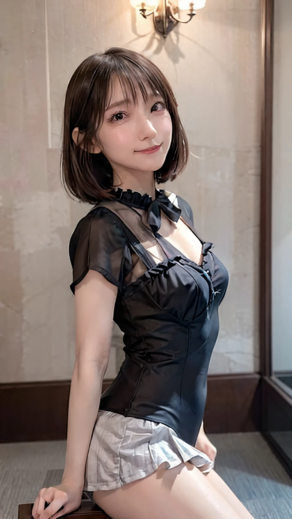 (((SFW、sound、Highest quality、First Class、masterpiece、Normal body、8k、Detailed face、Ultra-precision、Normal hand、Normal refer to、5refer to、Highest)))、beautiful girl、Silver Hair、[Strange Eyes((Emerald、brown))、Shortcuts、Bobcut、High leg leotard、Colorful frill mini skirt、Bright ribbon on the right side of the head、Frill ribbon on chest、Large frill ribbon on the back、Invisible Sword、Hinako Shirai - Blue Reflection、Transformation、Magical Girl、Reflector、smile、magic circle、Deathblow