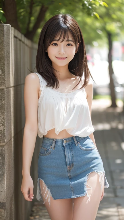 (10、RAW Photos、Best Quality、masterpiece:1.2)、(Realistic, Realistic:1.4)、Very detailed、Ultra-high resolution、Cute Japanese College Girl、lightweight, See-through summer clothes、Tight light-colored miniskirt、Photo-Like Skin Texture、Medium Hair、An innocent smile、: : About 155cm、Front、Warm colors、whole body、I see your knees、Small Bust