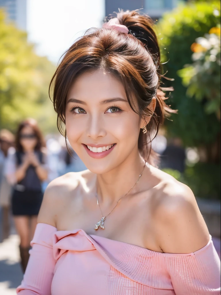 (RAW Photos:1.2), (Realistic:1.4),Beautiful detailed woman,非常にBeautiful Eyesと顔, Beautiful Eyes, Super detailed,High resolution, Very detailed,Please redeem,Awareness-raising,Unified,8K wallpaper,masterpiece,Please redeem,1 female,Alone,rich,Full Body Espian,(A little chubby:0.8),(K cup breasts:1.2),Thick legs,Alone,Deep slit、Tight mini skirt,(Pink off-shoulder top:1.4),(Knee-high boots:1.2)、(The abdomen is visible:1.4),jewelry, necklace ,A messy ponytail tied up with a pink scrunchie,A kind smile,A dignified atmosphere,Black Eyes,Realistic,Hibiya Park , (Late night park:1.1),(standing upright:1.4),(Sexy pose:1.2)