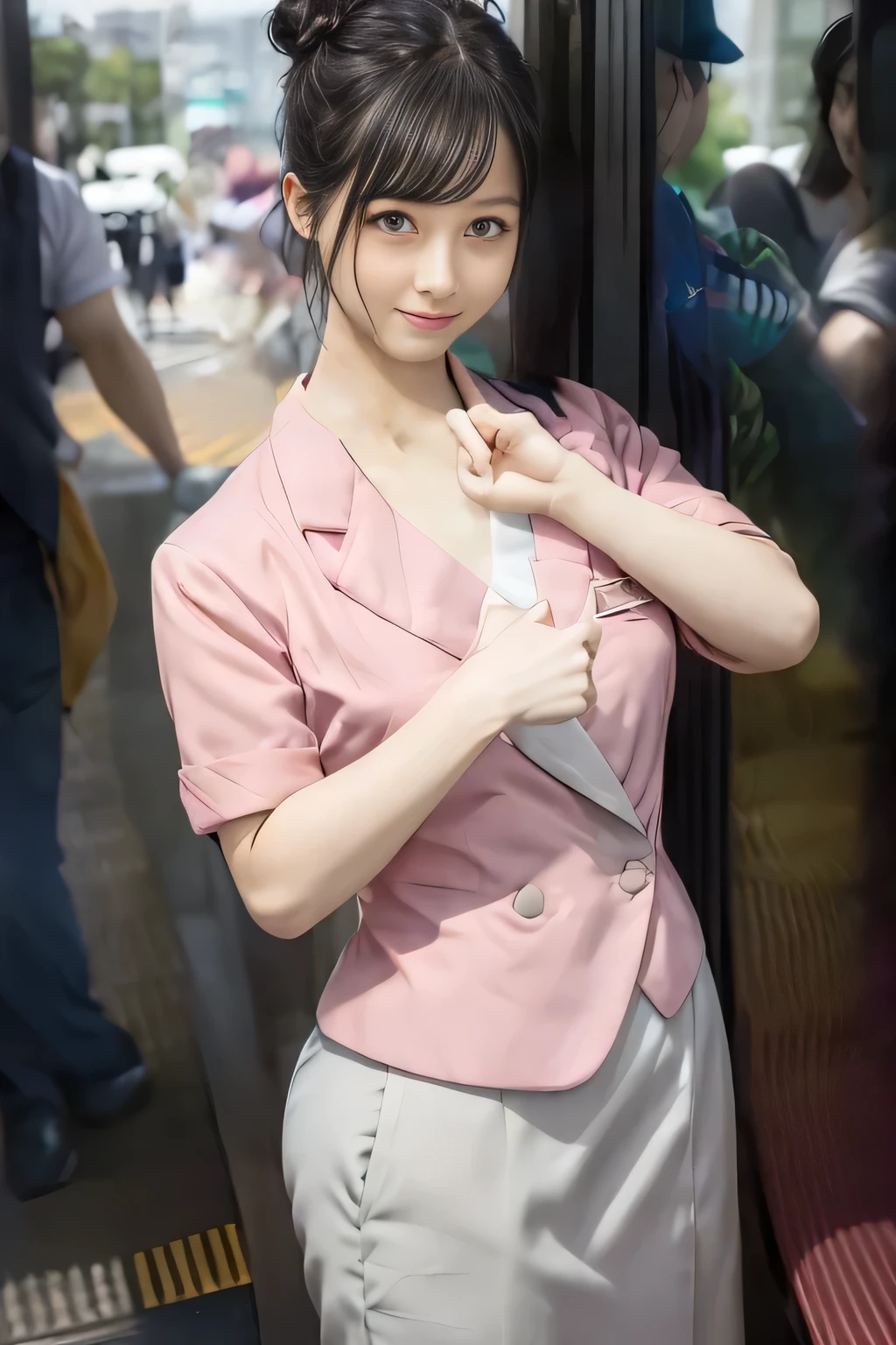 (masterpiece:1.2, highest quality:1.2), 32K HDR, High resolution, (alone、1 girl)、(On the rooftop of a building in the daytime、Professional Lighting)、Building rooftop background、(Nankai train crew uniform pinkを着たリアルスタイル)、(Nankai train crew uniform pink short sleeve collarless pink jacket、Nankai Train Crew Uniform Pink Collarless Short Sleeve Blouse、Nankai Train Crew Uniform Pink Grey Knee-length Culottes)、((The bottom of the pink short-sleeved jacket cannot be tucked into the clay-colored culottes.))、Dark brown hair、(Hair tied up、Hair Bun、Hair Bun)、Dark brown hair、Long Shot、Big Breasts、Thin legs、((Great hands:2.0)),((Harmonious body proportions:1.5)),((Normal limbs:2.0)),((Normal finger:2.0)),((Delicate eyes:2.0)),((Normal eyes:2.0)))、smile、(Nankai Train Crew Uniform Pink Grey Knee-length Culottesを見せた美しい立ち姿)、