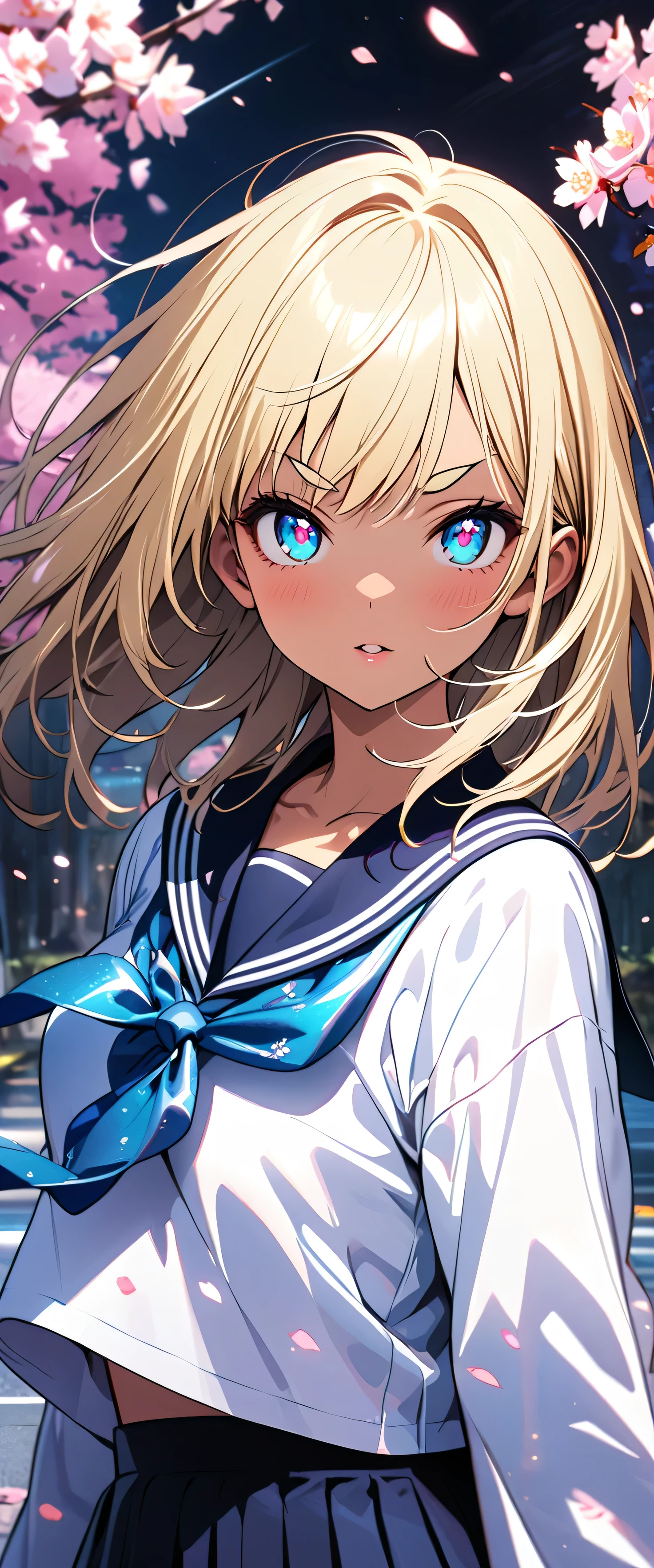 (beautiful girl: 1.3),1girl,masterpiece, Highest quality, Ultra-high resolution,rich contrast,super high quality,8k,Highly detailed CG unit wallpaper,texture,Incredibly absurd,Ultra-high resolution,RAW Photos,Highest quality anime,Depth of Field 1.2,(Blonde Hair),Ultra-detailed eyes,Glowing Skin,Glitter effect,Beautiful glossy lips,thick bluish eyeshadow, thin eyebrows, thick black eyeliner, Highlighted eyes with eyeliner, false eyelashes,(tanned skin:1.2),((cherry blossom)),(Cherry Blossom Snowstorm),Long sleeve,Sailor suit 