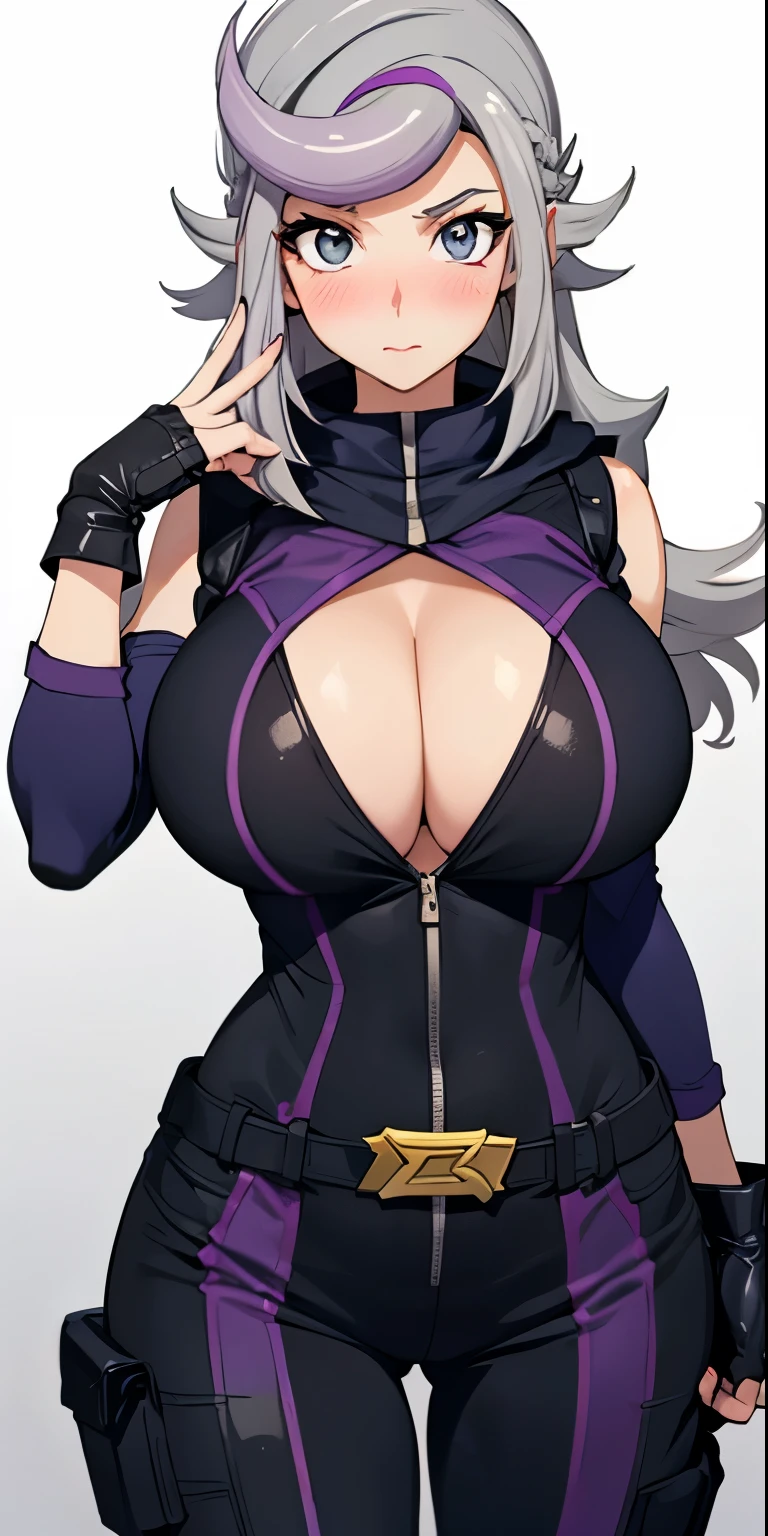 1 Female,High definition,high resolution,Ultra-realistic,8K, 1girl,  (emma_bessho:1.2),  (grey hair:1.2),(  purple hair:1.2),  grey eyes,  low-tied long hair,  (large breasts:1.2),  (wide hips:1.2),  (purple bodysuit:1.2),  (long sleeves:1.2),  pants,  (black gloves,  fingerless gloves:1.2),large breasts,European,sexy,Upper body close-up,Photographed from the front,Dynamic Angles,blush, huge tits,large tits,cute face, facial, sweat,(pov, closed shot:1.2)