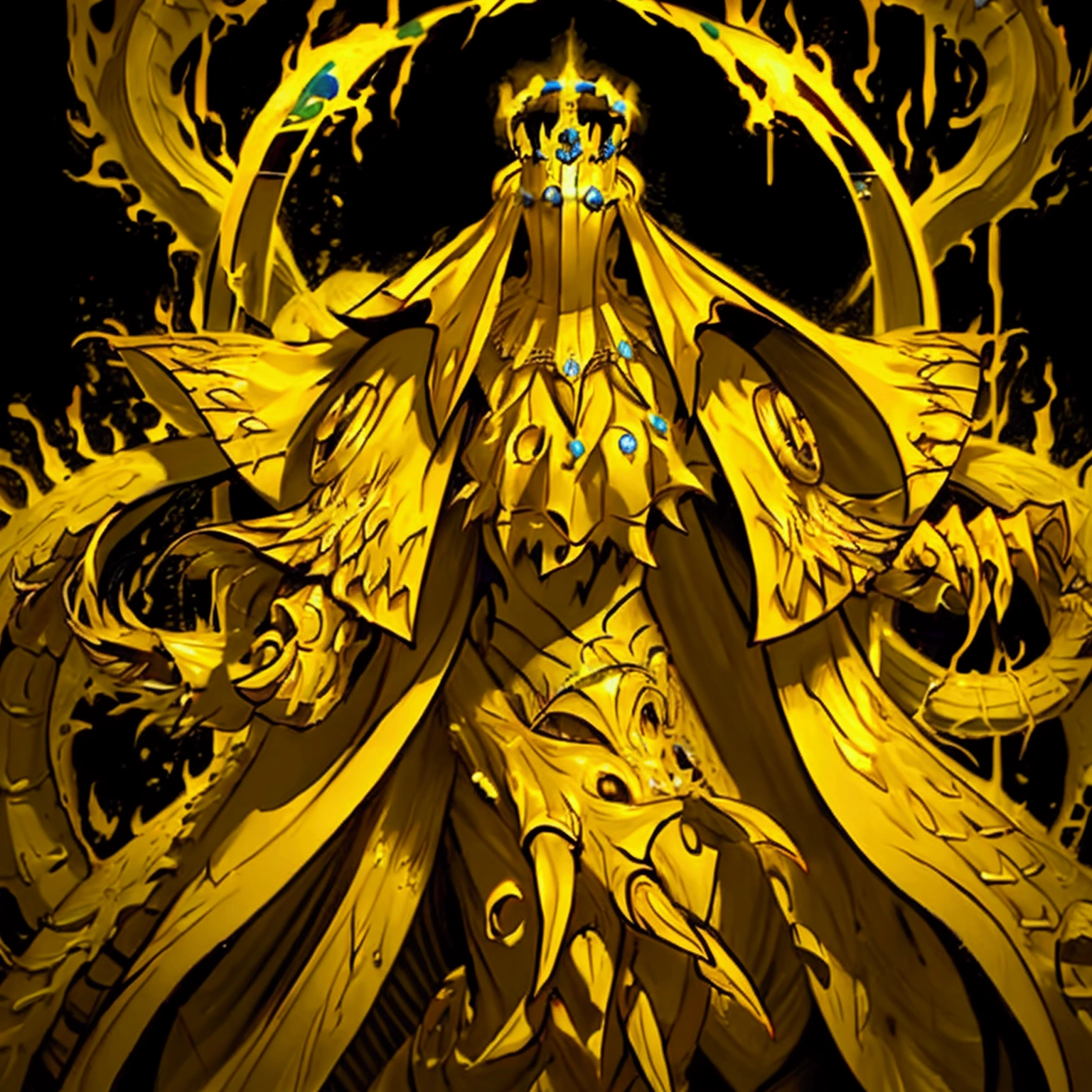 a painting of a woman dressed in a yellow robe and a crown, hastur the king in yellow, yellow-robed cultist, king in yellow, the god emperor of mankind, portrait of emperor of mankind,the king in yellow, A painting of hastur the king in yellow, yellow-robed, beautiful male ,king in yellow, hastur the king in yellow, , portrait of hastur the king in yellow, the king in yellow,honoring hastur the king in yellow artwork, portrait of the god hastur,hastur,galactic deity, concept art of hastur the king in yellow, peter mohrbacher style,