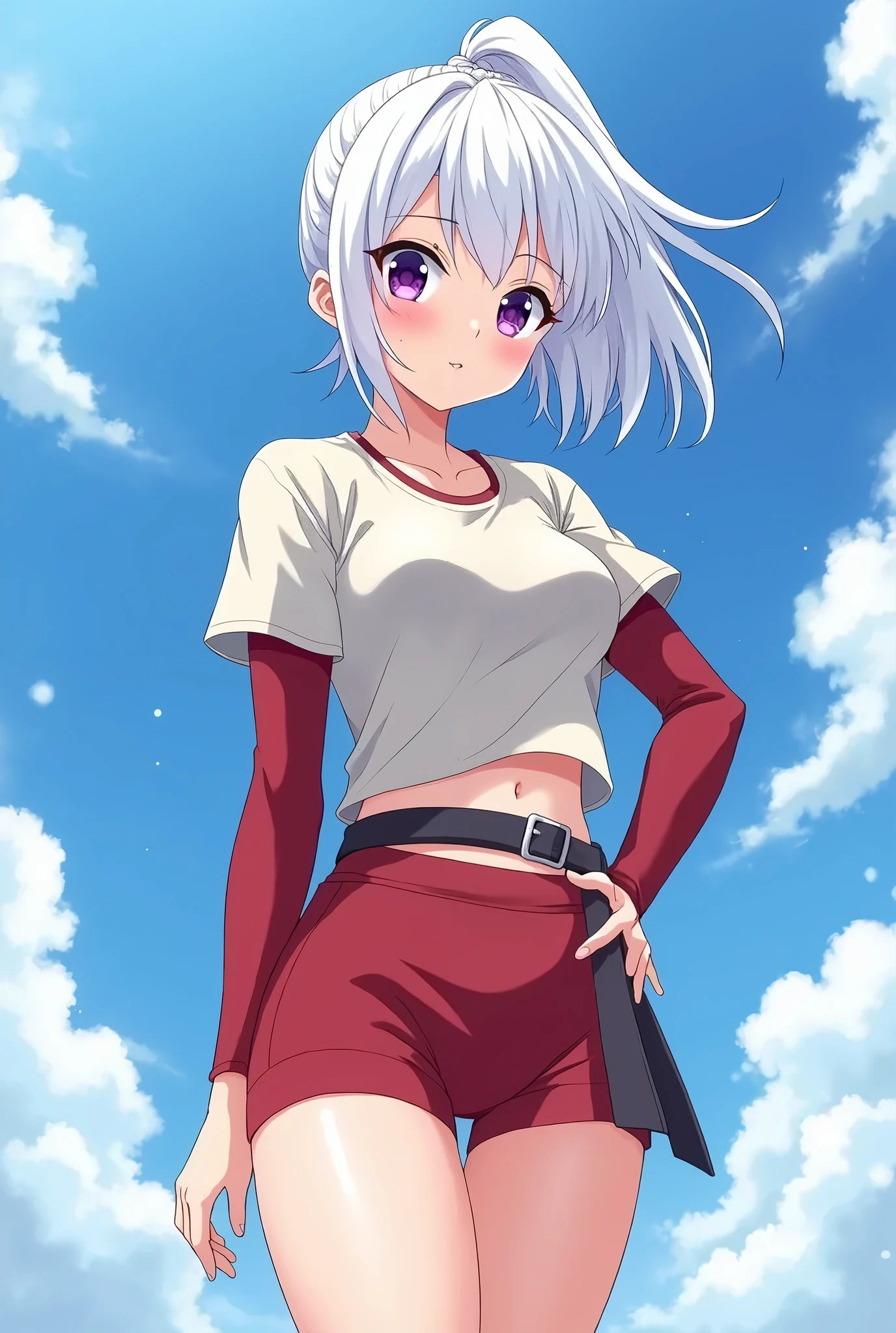 1girl, solo, looking at viewer,
nadeko02, short hair, red eyes, white hair, bangs, blunt bangs, small breasts,
jumper, miniskirt,
legs up,
sunset,
hill, greenery,
<lora:nadeko-sengoku-v1:0.9>